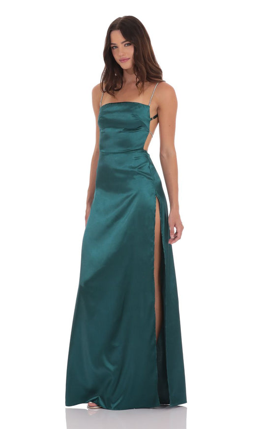 Lucy In The Sky Rhinestone Satin Maxi Dress in Green