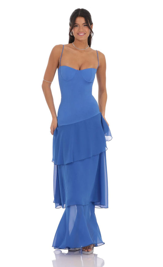 Lucy In The Sky Long Ruffle Maxi Dress in Blue