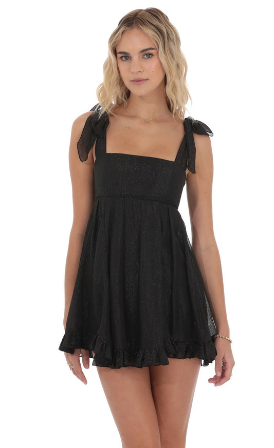 Lucy In The Sky Shimmer Ruffle Babydoll Dress in Black