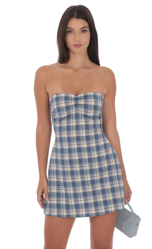 Lucy In The Sky Strapless Plaid Dress in Blue