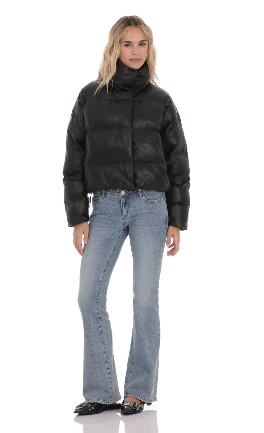 Lucy In The Sky Faux Leather Puffer Jacket in Black