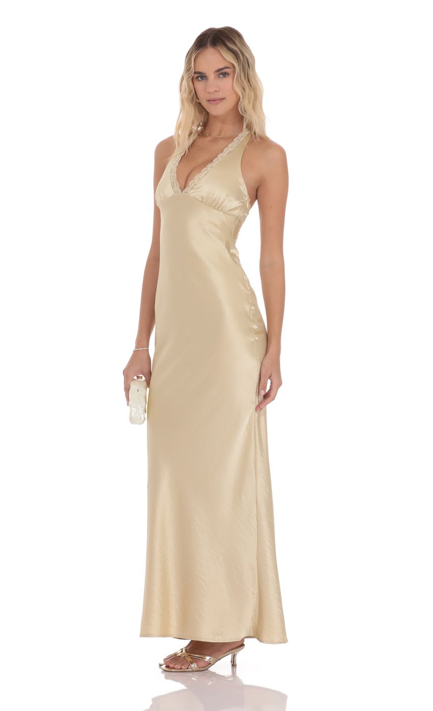 Lucy In The Sky Satin Lace Trim Maxi Dress in Champagne