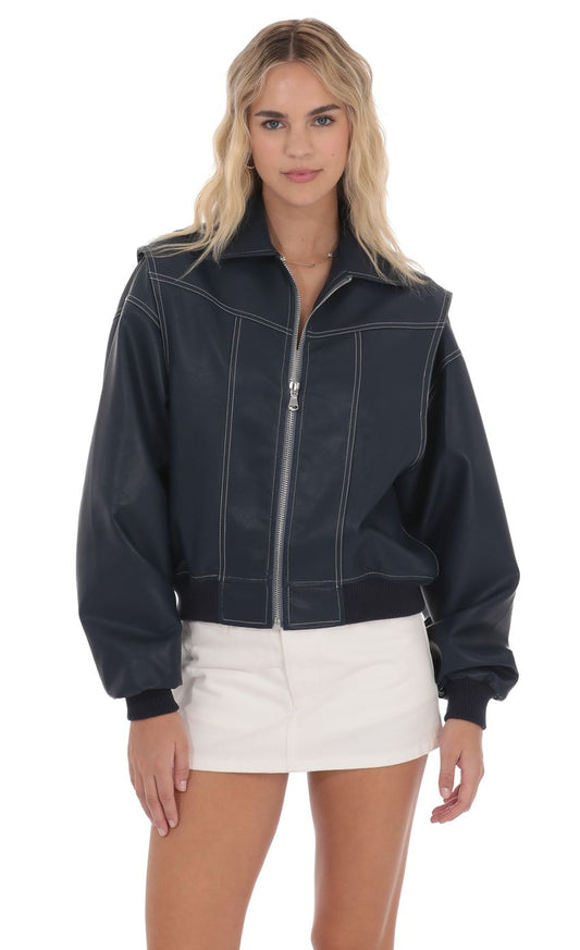 Lucy In The Sky Faux Leather Bomber in Navy