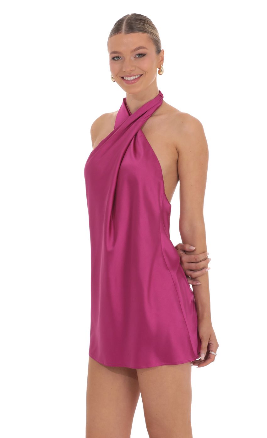 Lucy In The Sky Satin Cross Halter Dress in Magenta