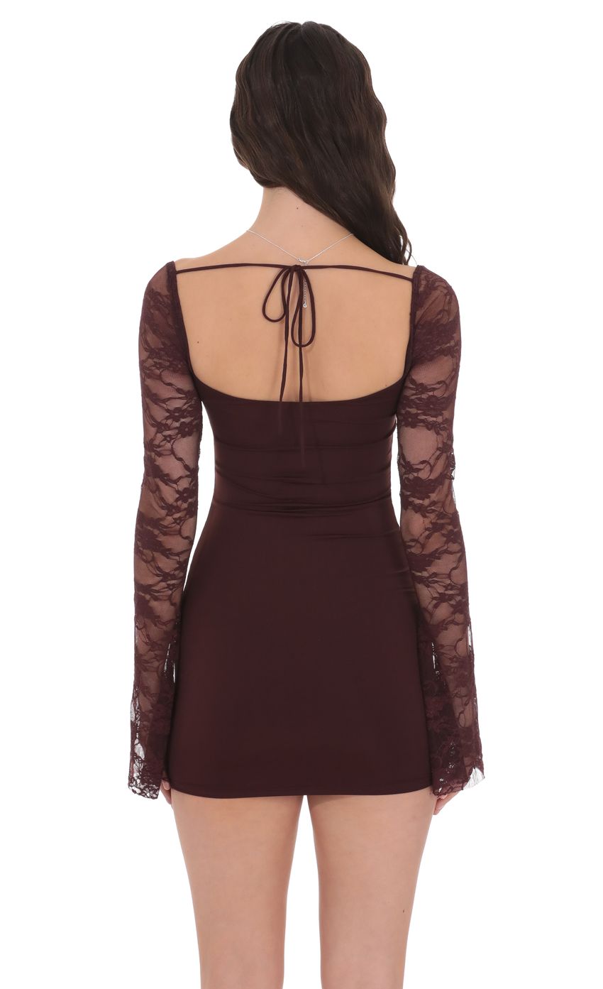 Lucy In The Sky Lace Long Sleeve Bodycon Dress in Brown