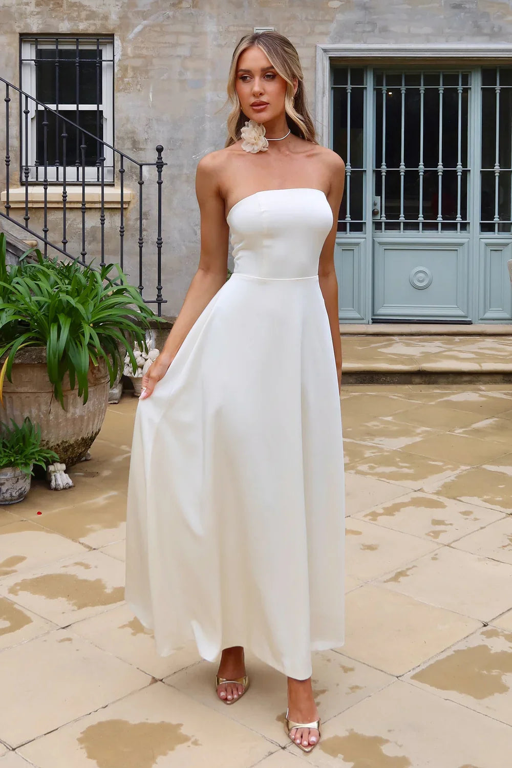Alamour The Label Angelie Strapless Satin White Maxi