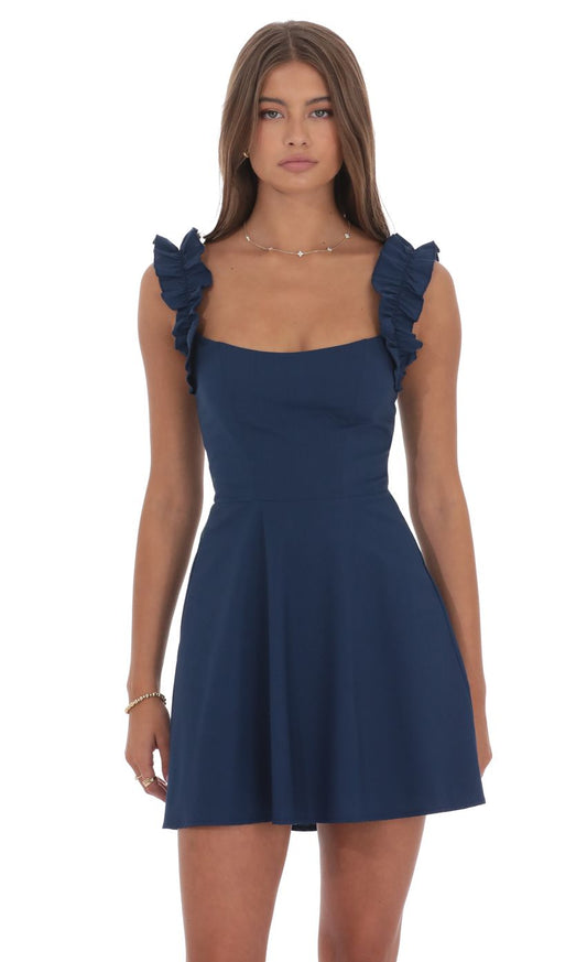 Lucy In The Sky Ruffle Strap A-line Dress in Navy