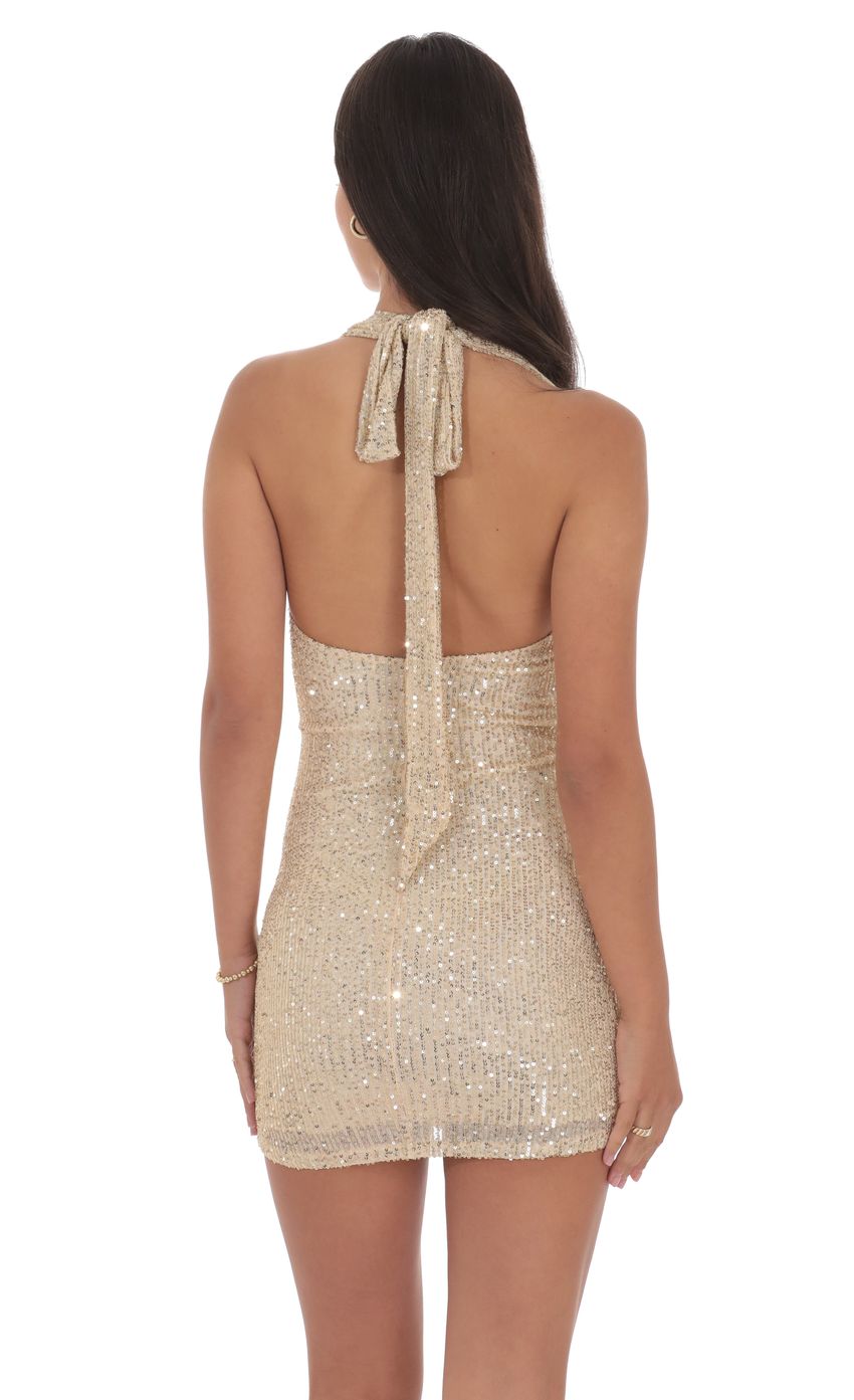 Lucy In The Sky Sequin Halter Dress in Gold