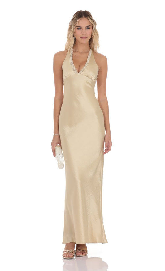Lucy In The Sky Satin Lace Trim Maxi Dress in Champagne