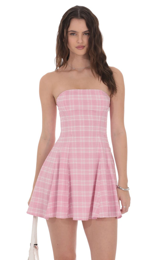 Lucy In The Sky Plaid Corset Strapless Dress in Pink