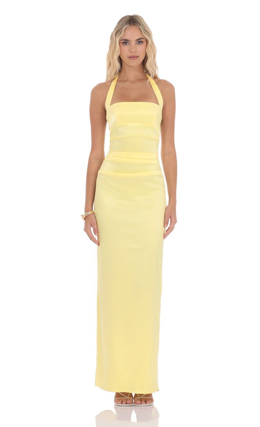 Lucy In The Sky Satin Halter Maxi Dress in Yellow