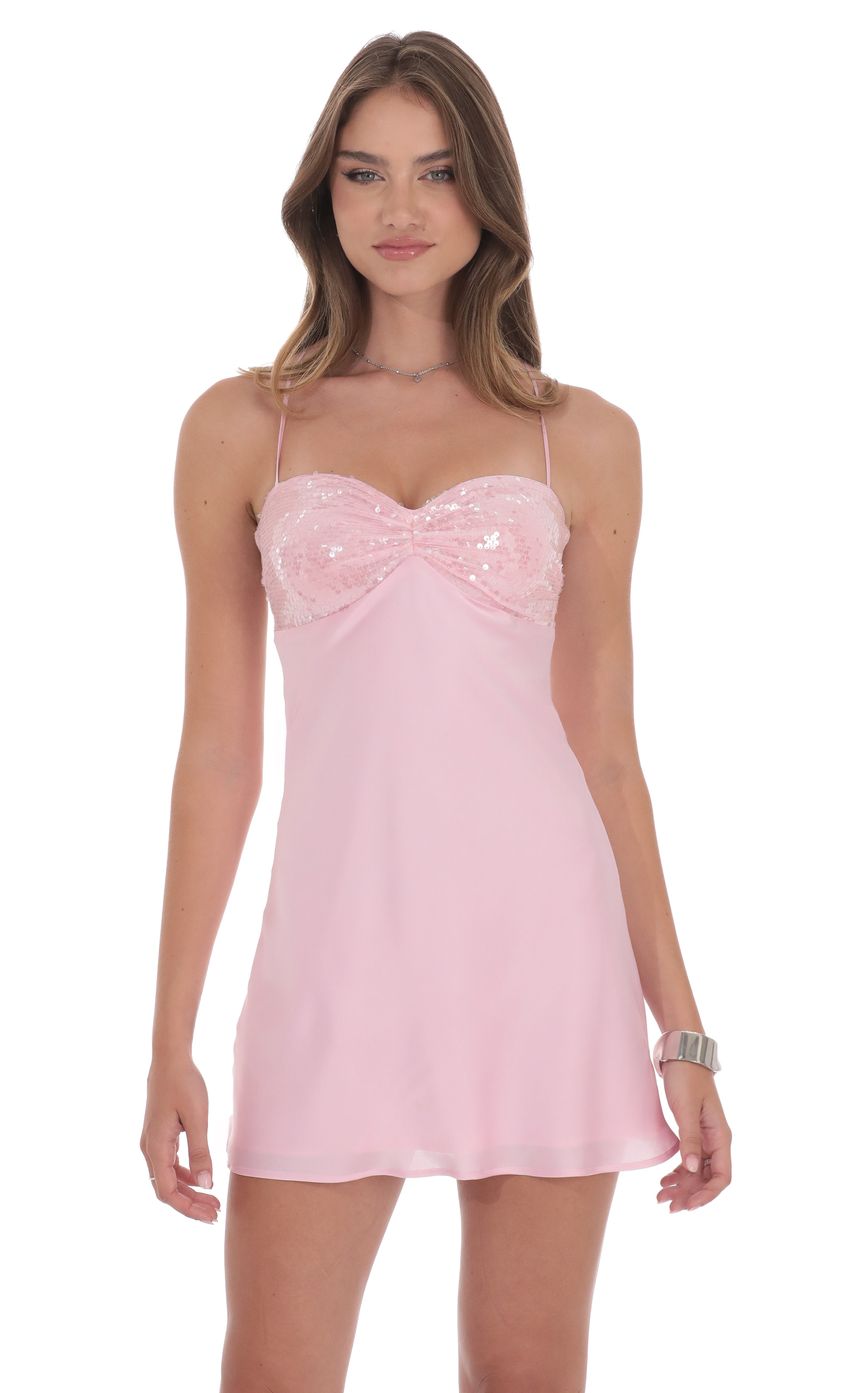 Lucy In The Sky Satin Sequin Bust Dress in Pink
