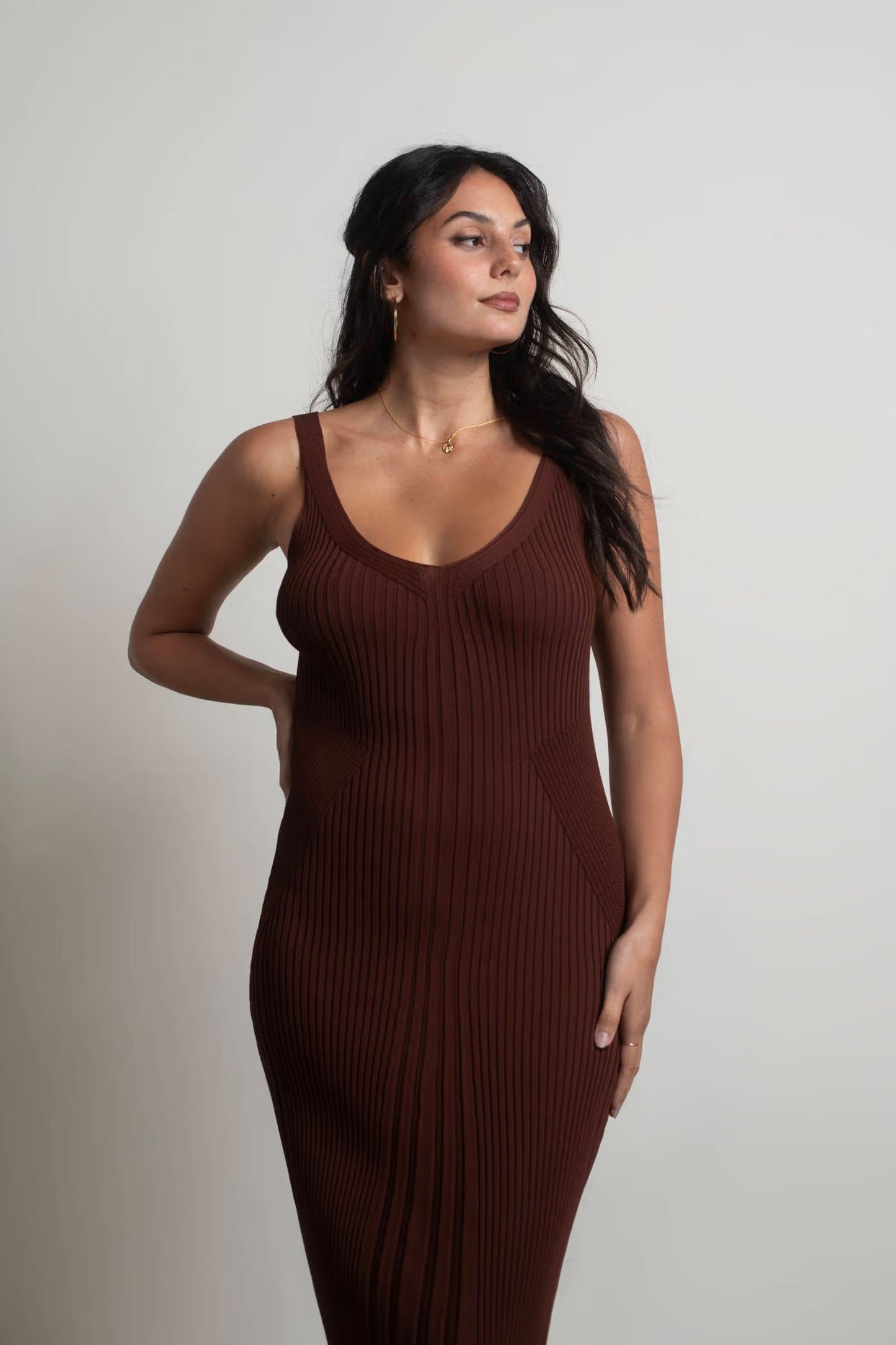 Tobi Brown Sugar Ribbed Bodycon Midi Dress