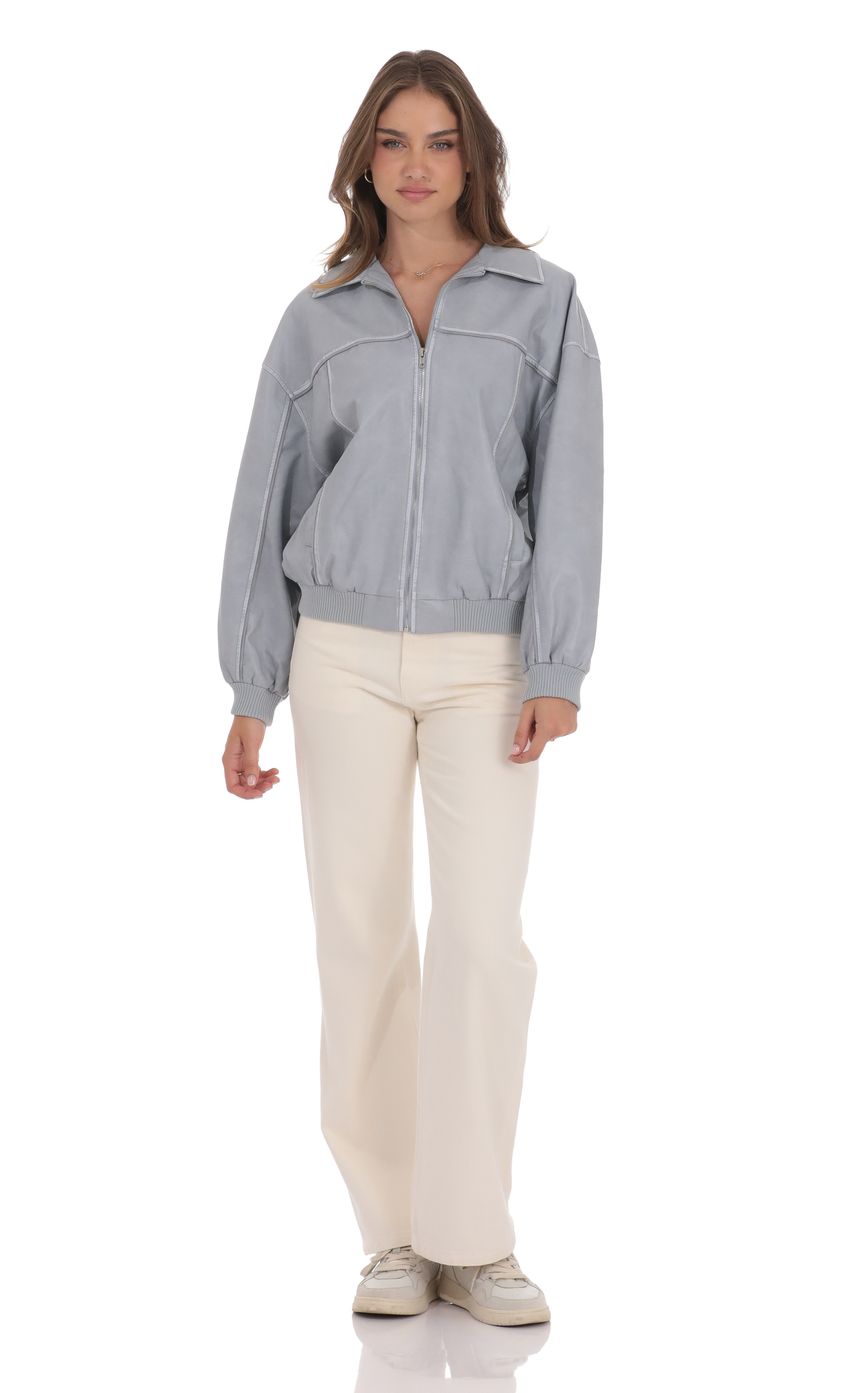 Lucy In The Sky Faux Leather Bomber in Ash Blue