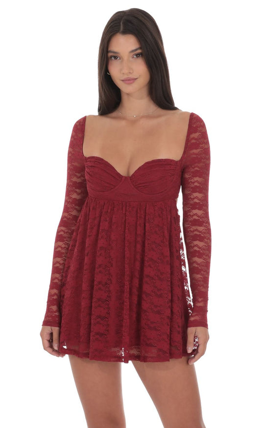 Lucy In The Sky Lace Long Sleeve Babydoll Dress in Maroon