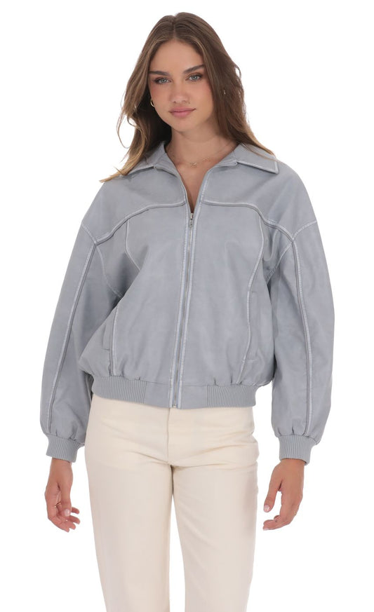 Lucy In The Sky Faux Leather Bomber in Ash Blue