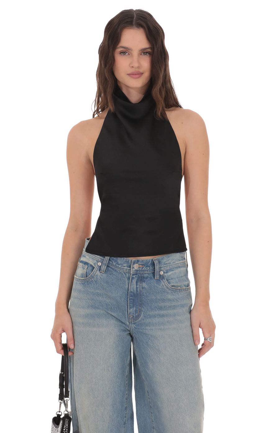 Lucy In The Sky Satin Open Back Top in Black