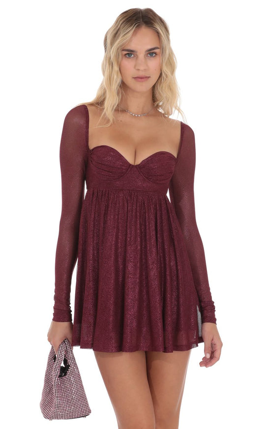 Lucy In The Sky Foil Long Sleeve Babydoll Dress in Burgundy