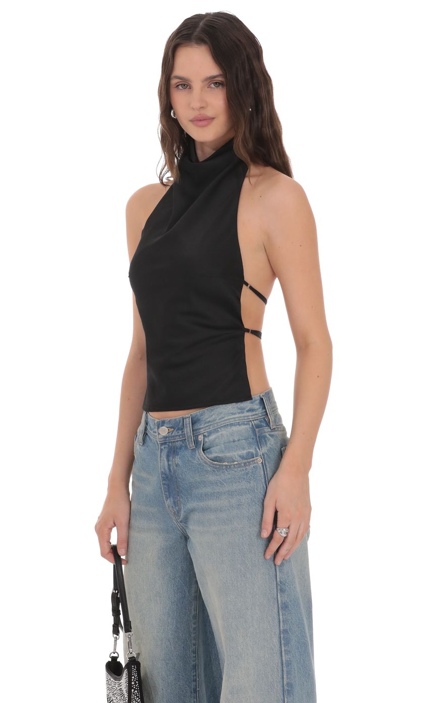 Lucy In The Sky Satin Open Back Top in Black