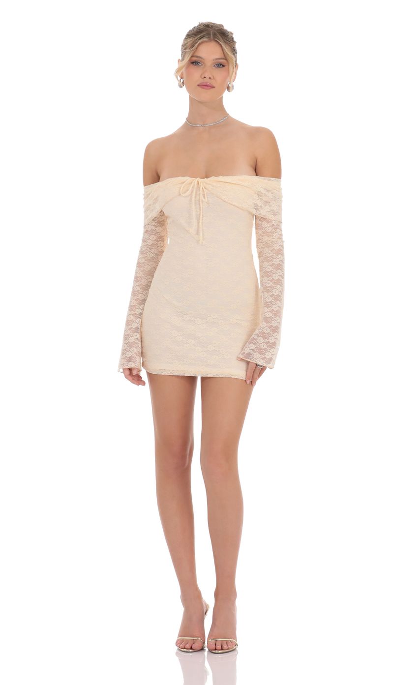 Lucy In The Sky Lace Draped Off Shoulder Dress in Pastel Peach