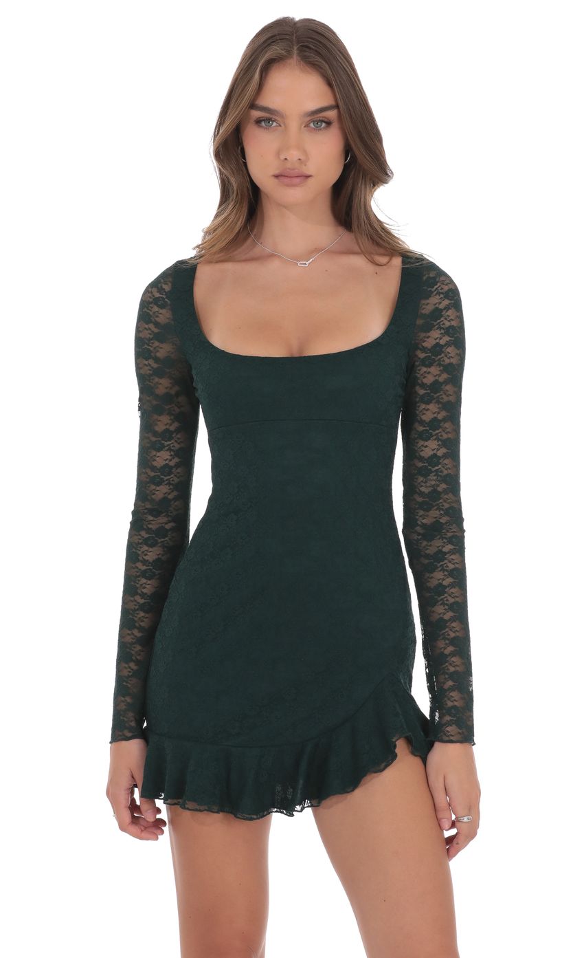 Lucy In The Sky Lace Ruffle Long Sleeve Dress in Green
