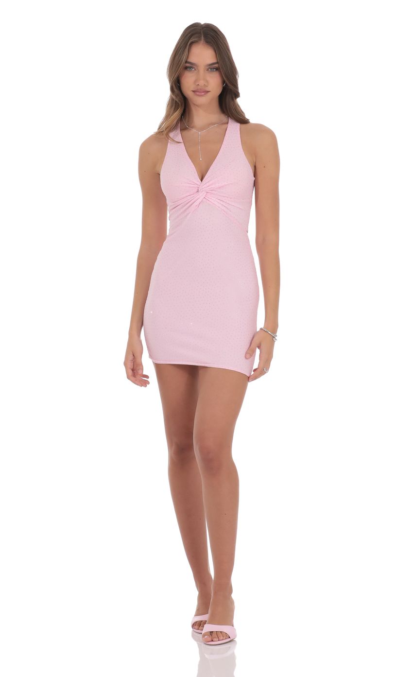 Lucy In The Sky Rhinestone TwistV-Neck Dress in Pink