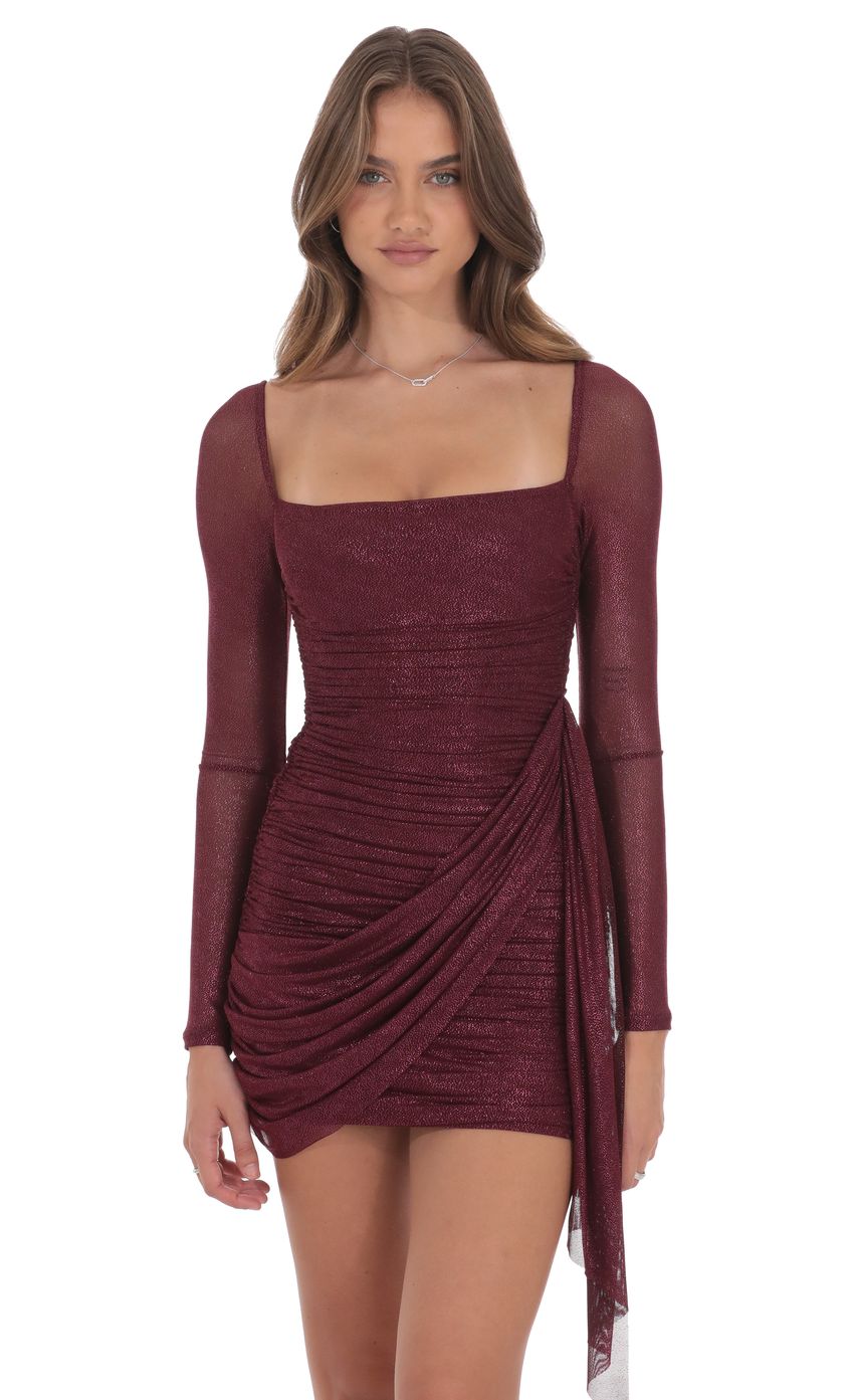 Lucy In The Sky Foil Mesh Long Sleeve Tassel Dress in Burgundy
