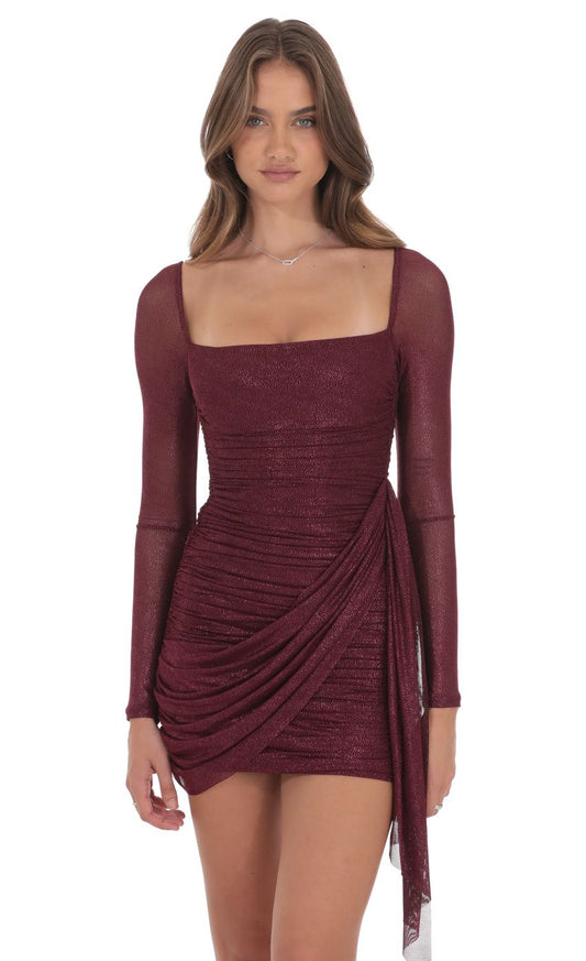 Lucy In The Sky Foil Mesh Long Sleeve Tassel Dress in Burgundy