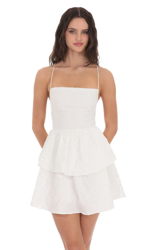 Lucy In The Sky Textured Floral Lace Up Dress in White