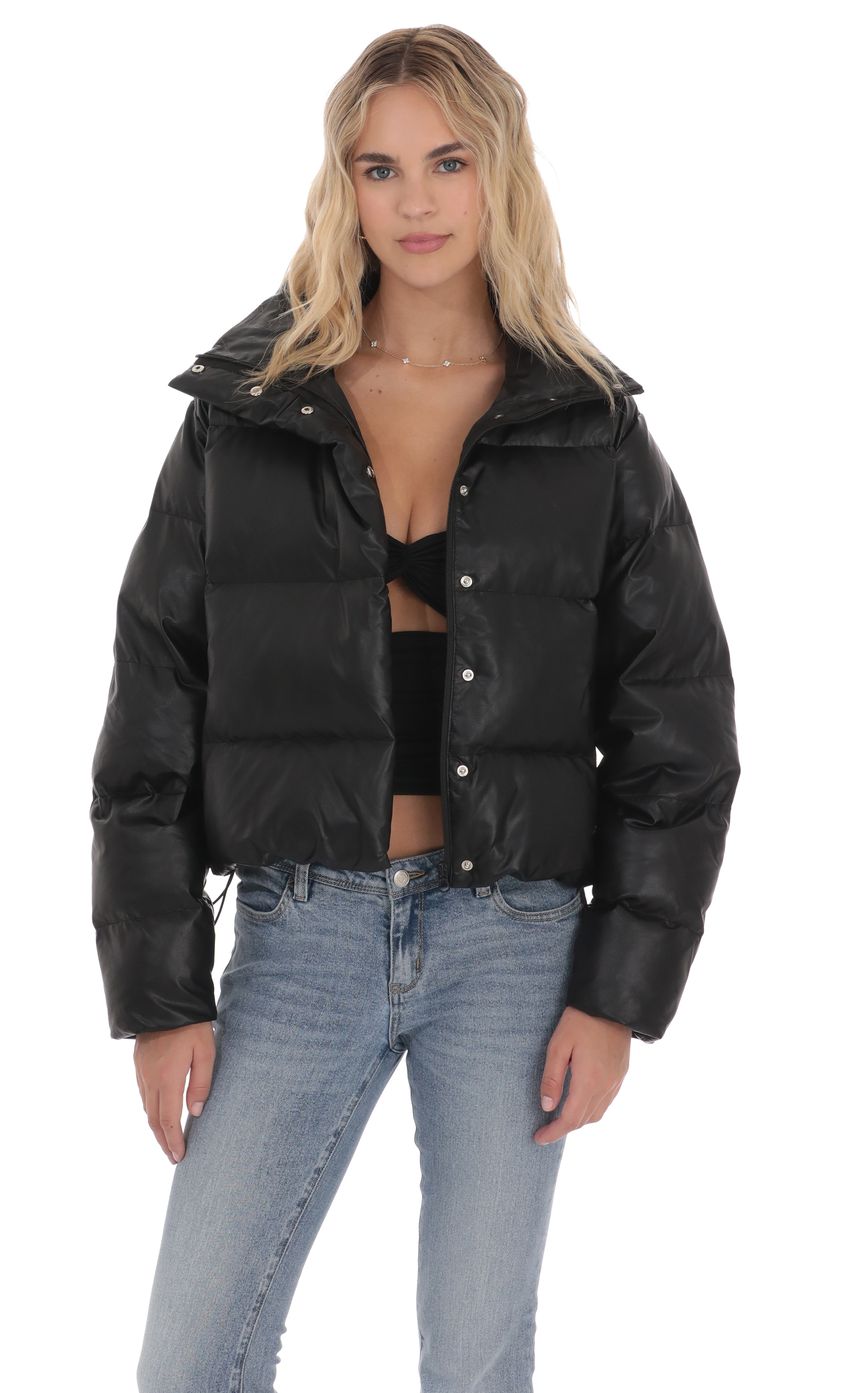 Lucy In The Sky Faux Leather Puffer Jacket in Black