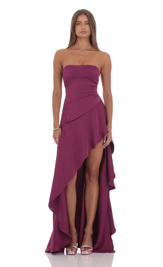Lucy In The Sky Satin High Low Maxi Dress in Plum