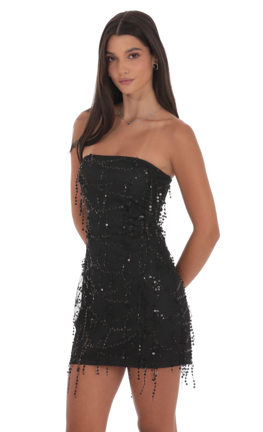 Lucy In The Sky Strapless Sequin Fringe Dress in Black