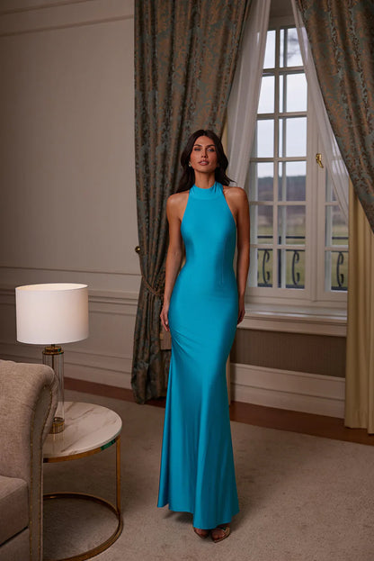 Alamour The Label Elsie Aqua High Neck Jersey Maxi Gown