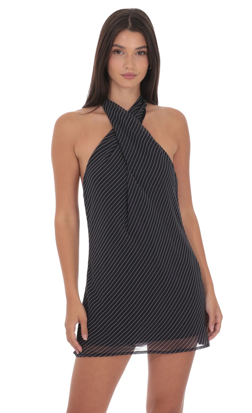 Lucy In The Sky Pinstripe Cross Halter Dress in Black