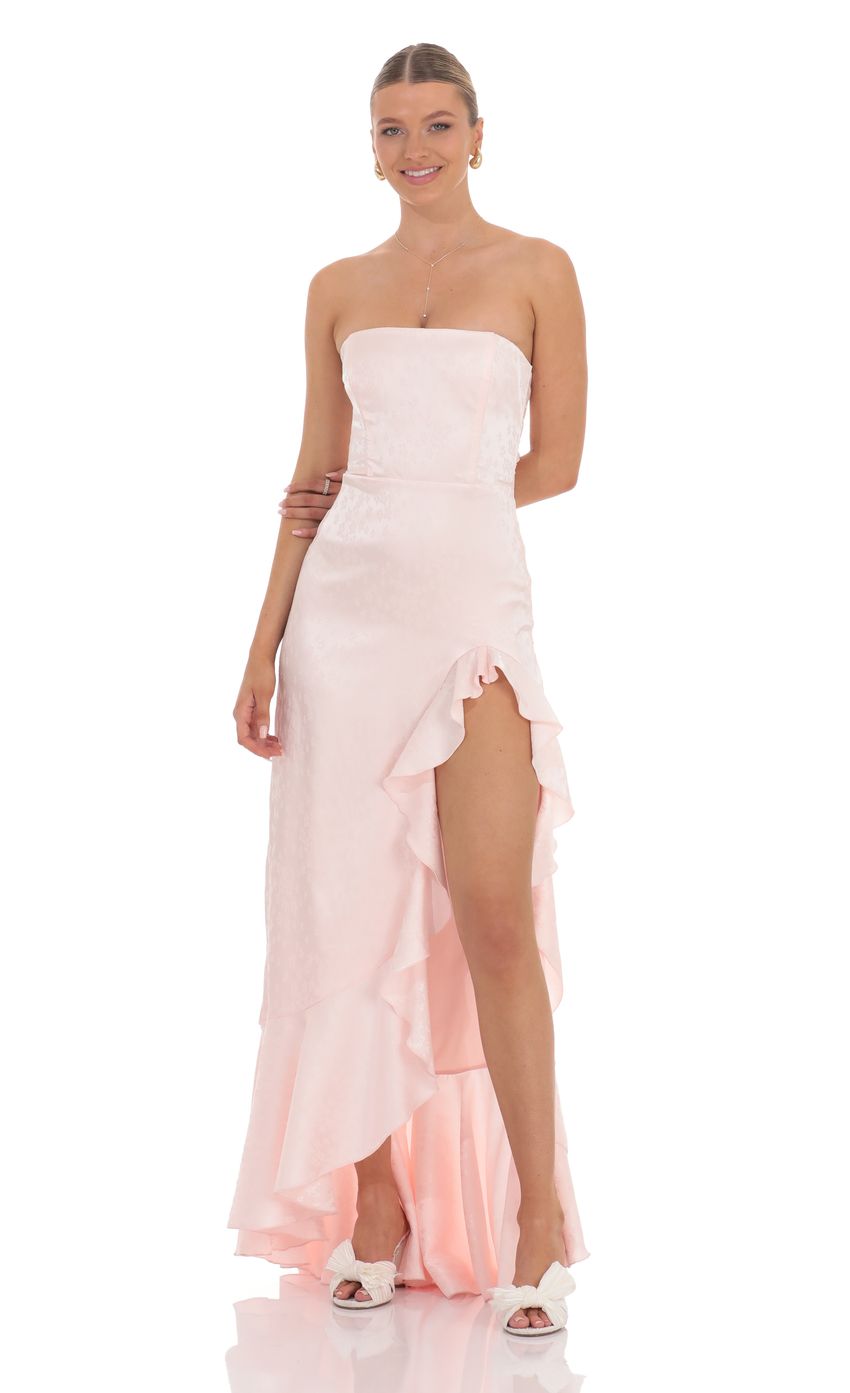 Lucy In The Sky Satin Jacquard Back Bow Corset Maxi Dress in Pink
