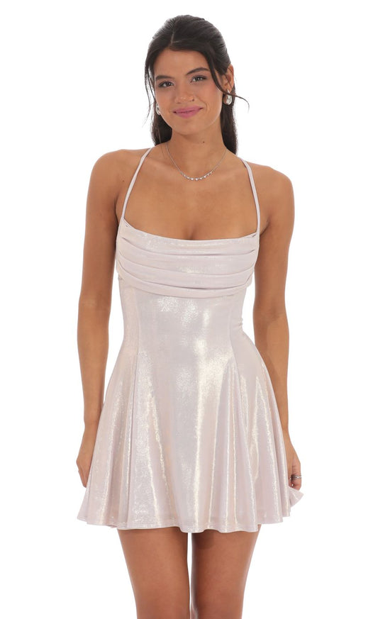 Lucy In The Sky Metallic Draped A-Line Dress in Rose Gold
