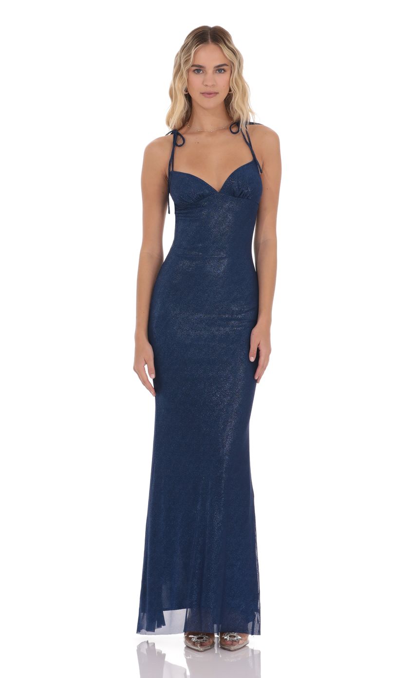 Lucy In The Sky Foil Back Ruffle Maxi Dress in Navy