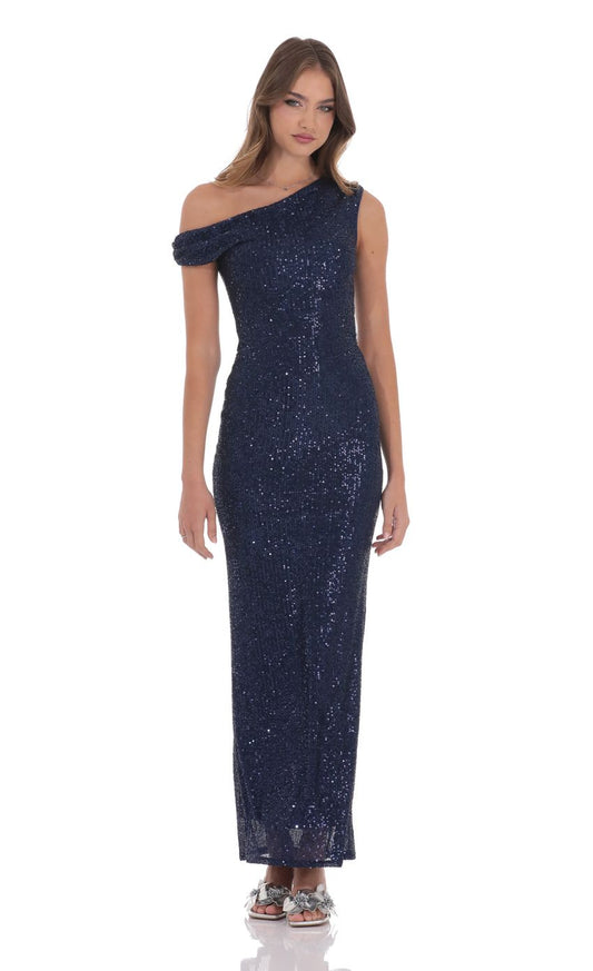 Lucy In The Sky Sequin Off Shoulder Maxi Dress in Navy