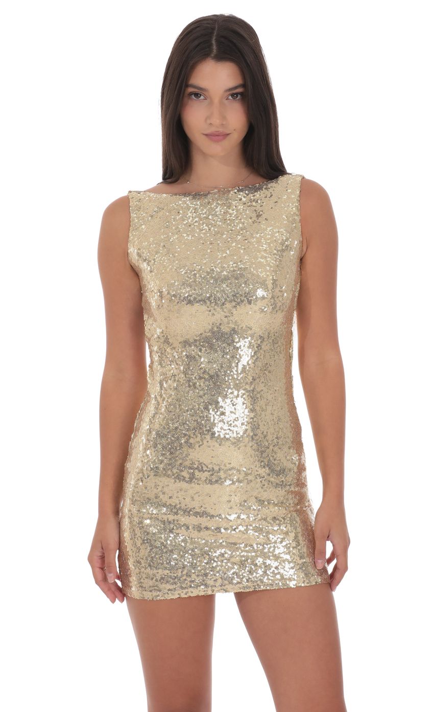 Lucy In The Sky Sequin High Neck Open Back Dress in Gold