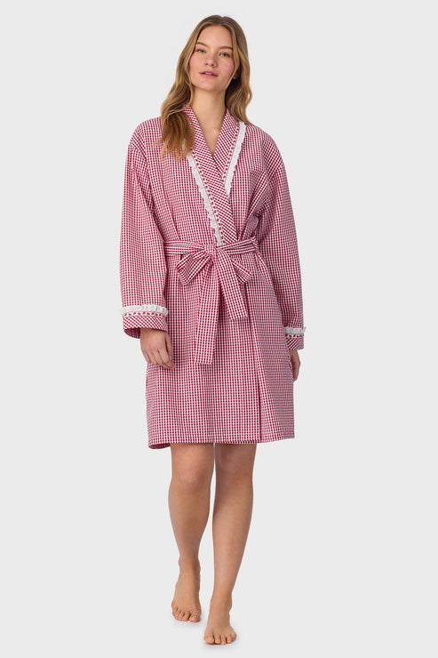 Lanz of Salzburg Women's Picnic Plaid Seersucker Yarndye Check Short Wrap Robe