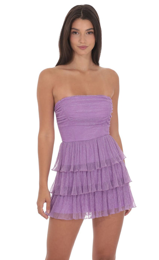 Lucy In The Sky Shimmer Pleated Ruffle Dress in Purple