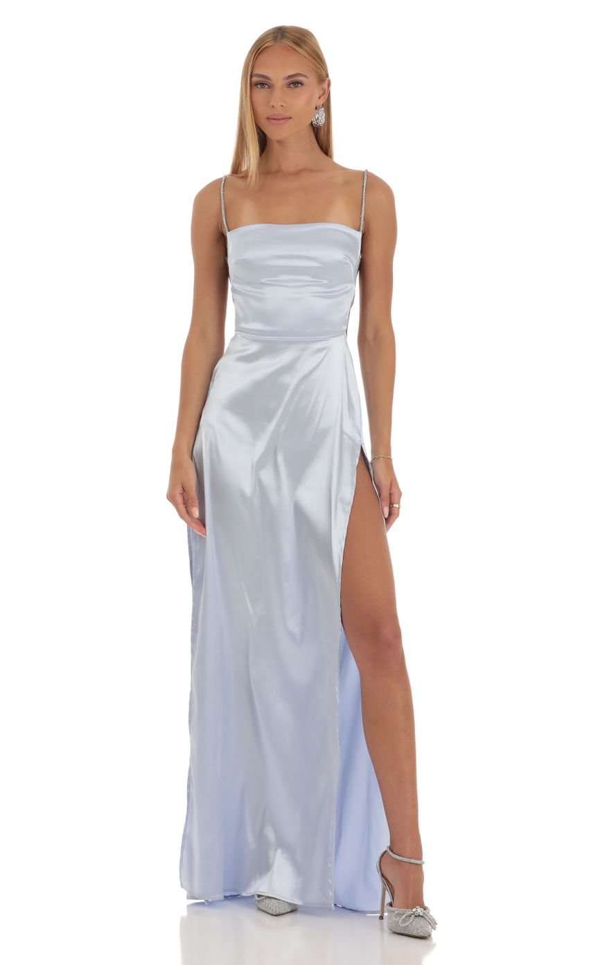 Lucy In The Sky Rhinestone Satin Maxi Dress in Periwinkle