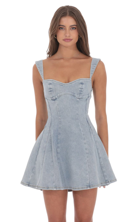 Lucy In The Sky Denim Fit and Flare Dress in Washed Blue