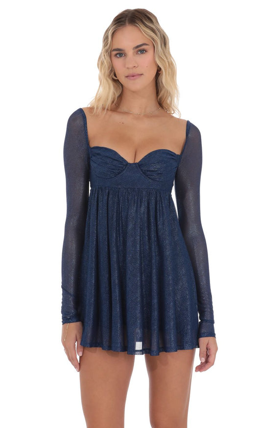 Lucy In The Sky Foil Long Sleeve Babydoll Dress in Navy