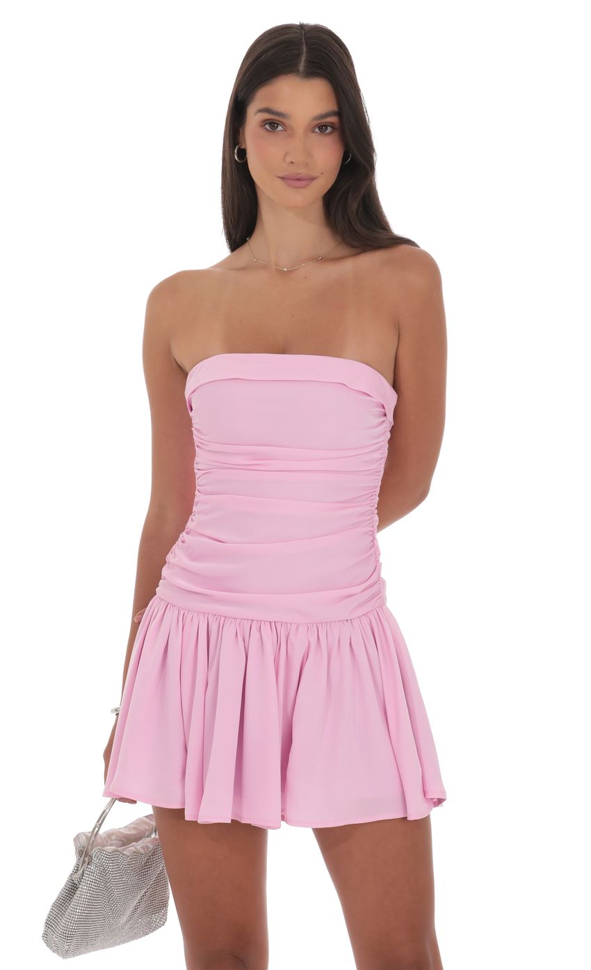 Lucy In The Sky Matte Satin Strapless Ruched Flare Dress in Pink