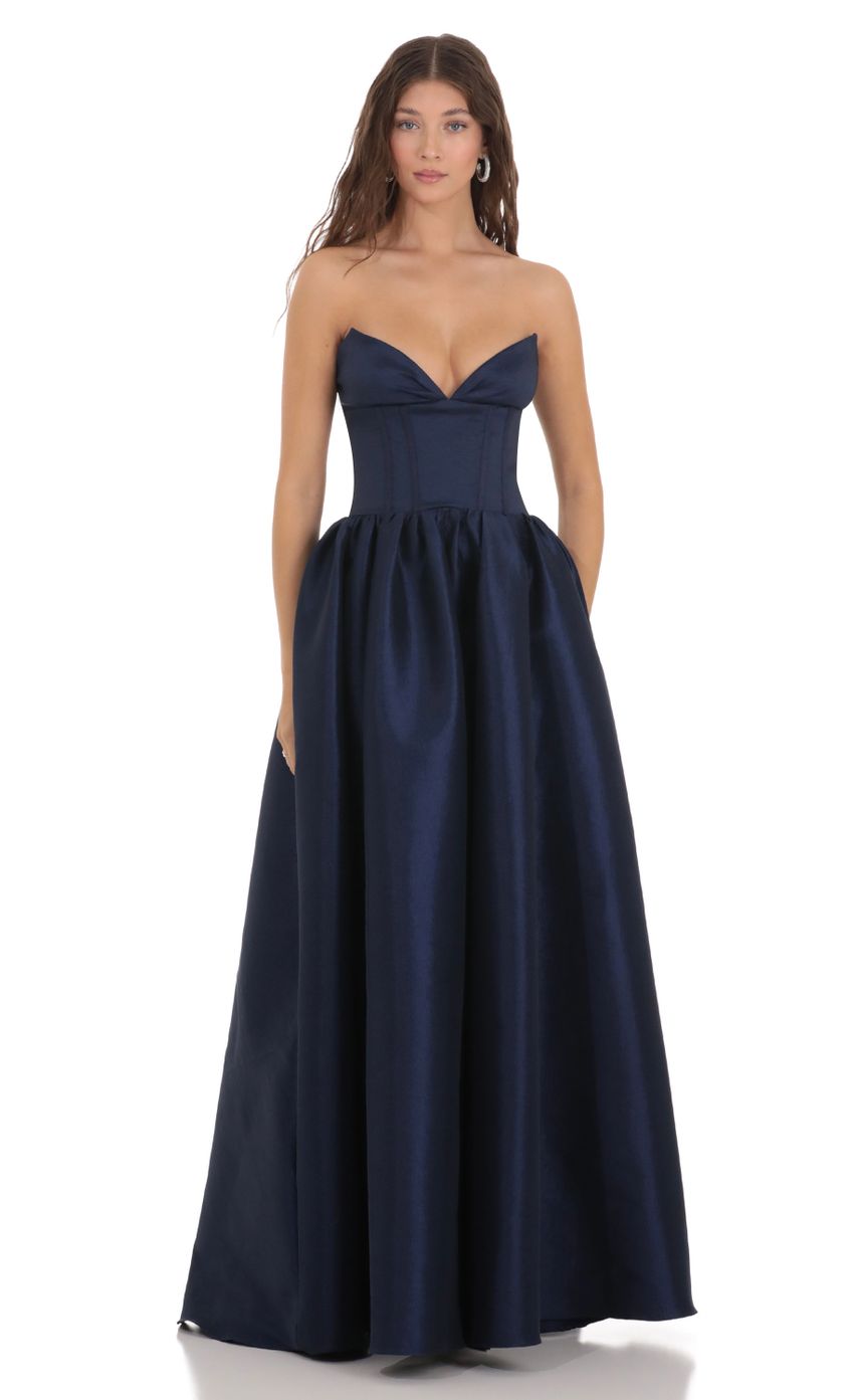 Lucy In The Sky Corset Strapless Gown Dress in Navy