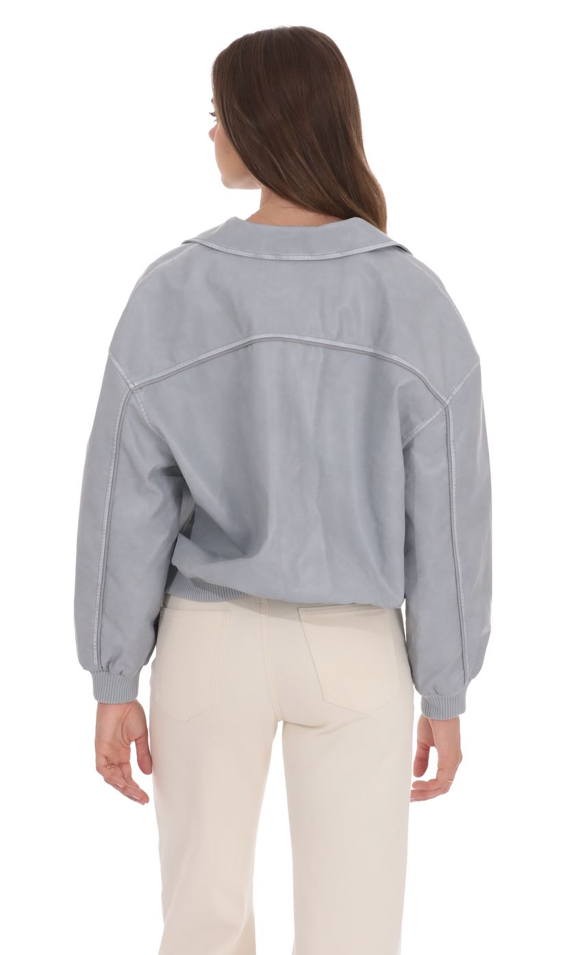 Lucy In The Sky Faux Leather Bomber in Ash Blue