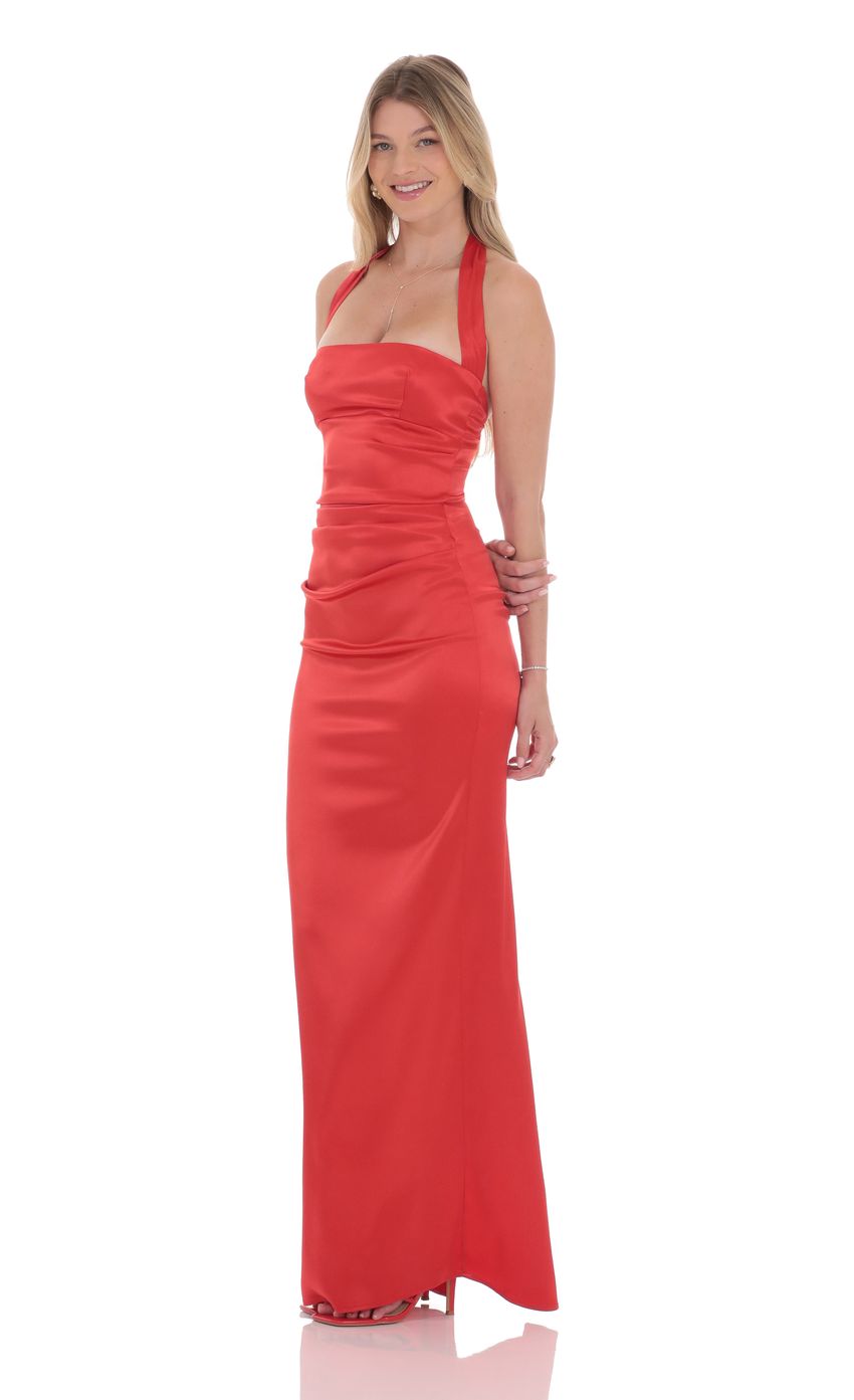 Lucy In The Sky Satin Halter Maxi Dress in Red