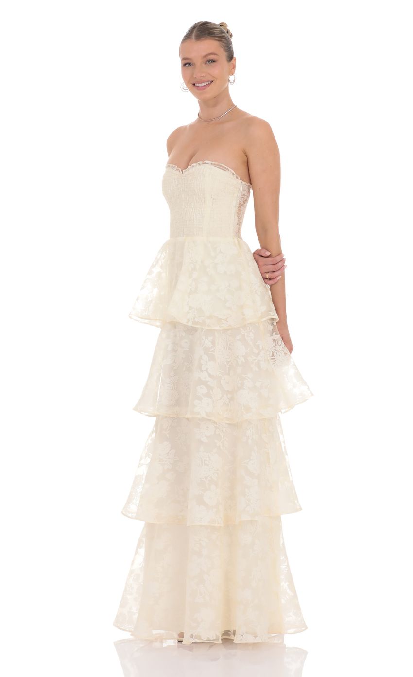 Lucy In The Sky Floral Smocked Ruffle Maxi Dress in Cream