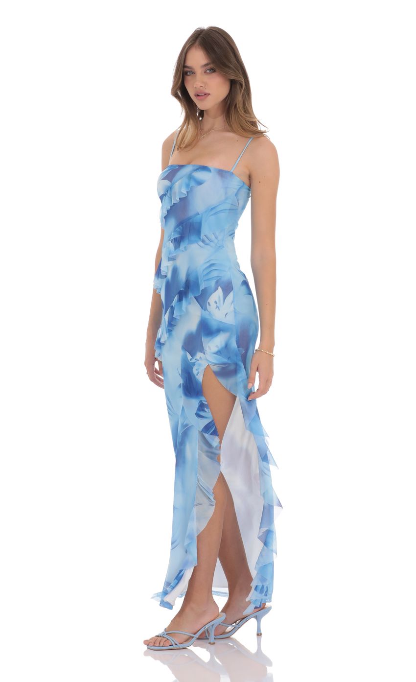 Lucy In The Sky Floral Ruffle Mesh Square Neck Maxi Dress in Blue